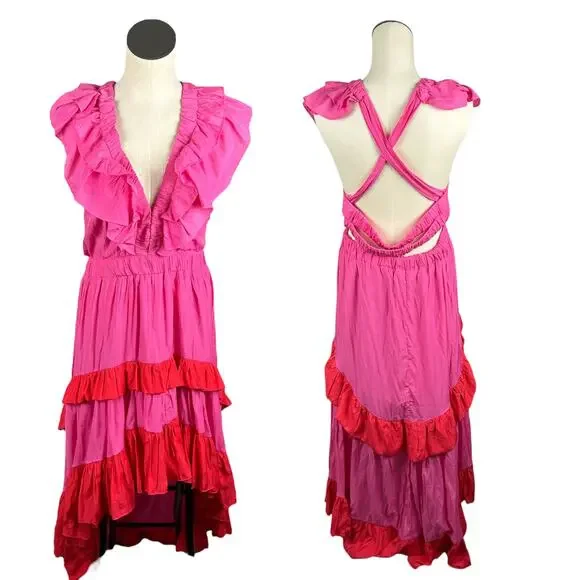 Anthropologie Do + Be Pink Red Ruffle Asymmetrical Maxi Dress L - Picture 3 of 6